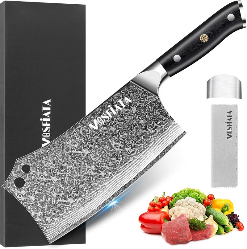 MOSFiATA Damascus 7” Cleaver Knife，Ultra Sharp Vegetable and Meat Butcher Knife with Finger Guard for Home Kitchen and Restaurant - Image 1